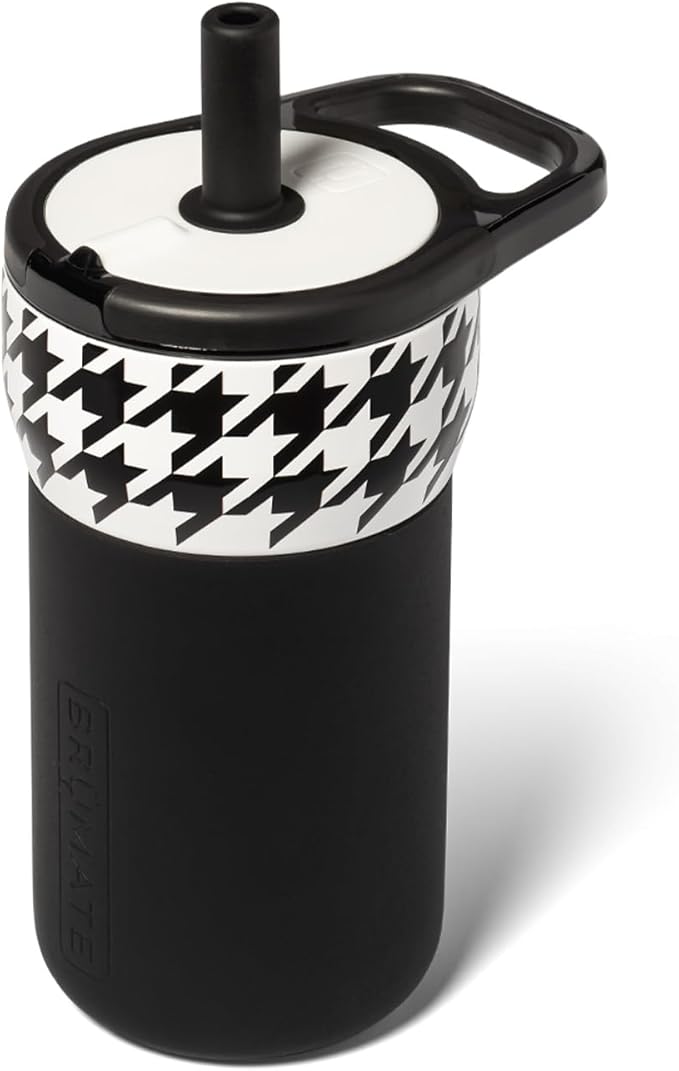 BrüMate Leap 12oz 100% Leakproof Kids Tumbler with Handle and Silicone Soft Straw | Durable Drop Resistant Silicone Sleeve | Made of Insulated Stainless Steel | Cup Holder Friendly | (Houndstooth)