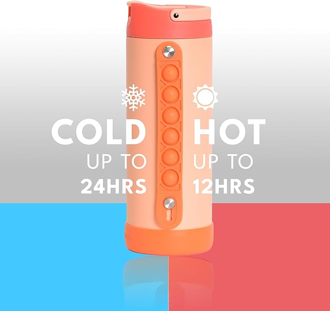 Elemental Iconic Kids Water Bottle for School - 100% Leak-Proof Insulated Water Bottles with Straw Lid & Pop-It Handle for Boys & Girls - Triple-Wall Insulated & BPA-Free, 14oz – Peach Sunrise