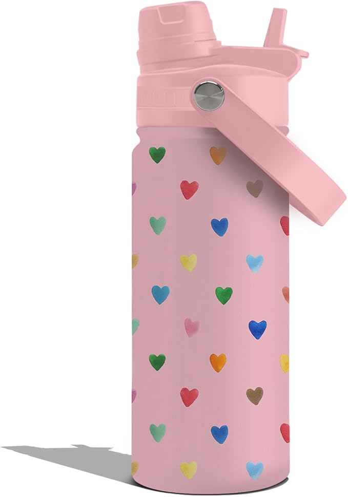 Insulated Water Bottle 18oz, Hearts Gifts Water Bottle with 2-in-1 Straw and Spout Lid, Pink Hearts Cup Leakproof, Hearts Cup Coffee Mug for Lovers, Birthday Gift Ideal for Girls Women