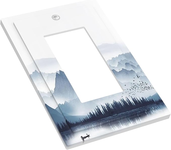Decorative Outlet Covers Mountain Foggy Lake Boat Grey Blue Forest Birds 1 Gang Single Rocker Light Switch Cover Plate Wall Plates GFCI Faceplate for Bedroom living Room Decor