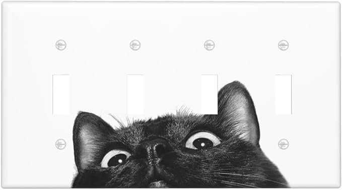 Peeping Black Cat Cute Animals Light Switch Covers Quad Toggle Electrical Faceplate 4 Gang Wall Plate Decorative Switch Plates for Kids Room Home Decor