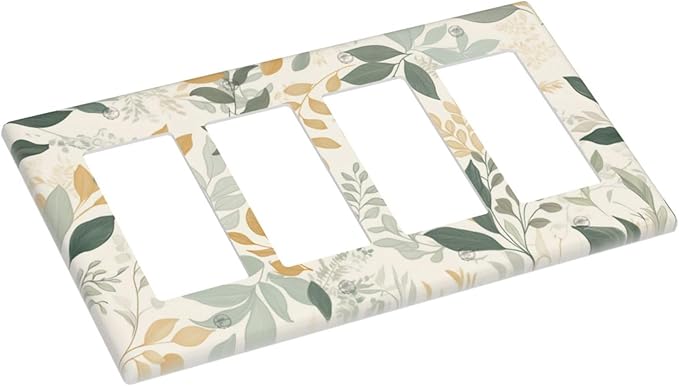 Boho Watercolor Leaves 4 Gang Light Switch Cover Plate Watercolor Green Botanical Quad Rocker Outlet Covers Switchplates Decorative Electrical Faceplate for Bedroom Kitchen Living Room Decor
