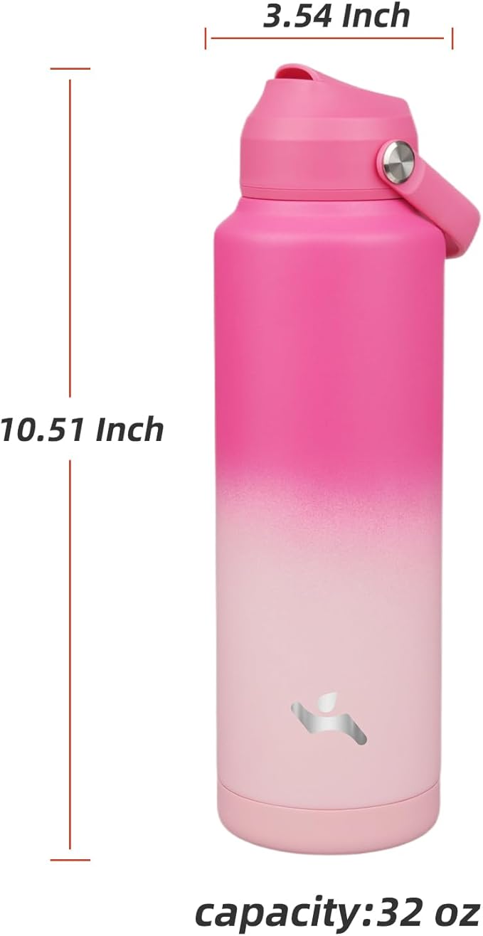Konokyo Insulated Water Bottle with Straw Lid,40 oz Stainless Steel Vacuum Metal Bottle with Silicone Handle,Cherry Blossom