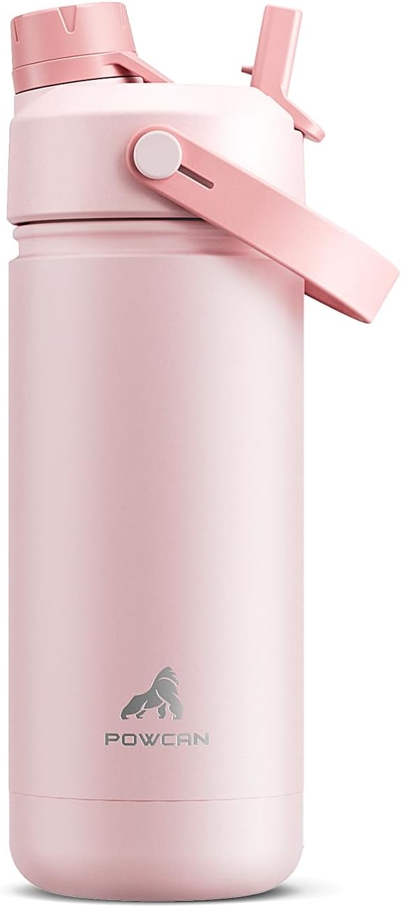 POWCAN 18 oz Insulated Water Bottle with 2-in-1 Straw and Spout Lid, Keep Cold 24H, Leak-Proof, Fits in Car Cup Holder, Stainless Steel Water Bottle for Sports, Travel, and School (Cotton Candy)