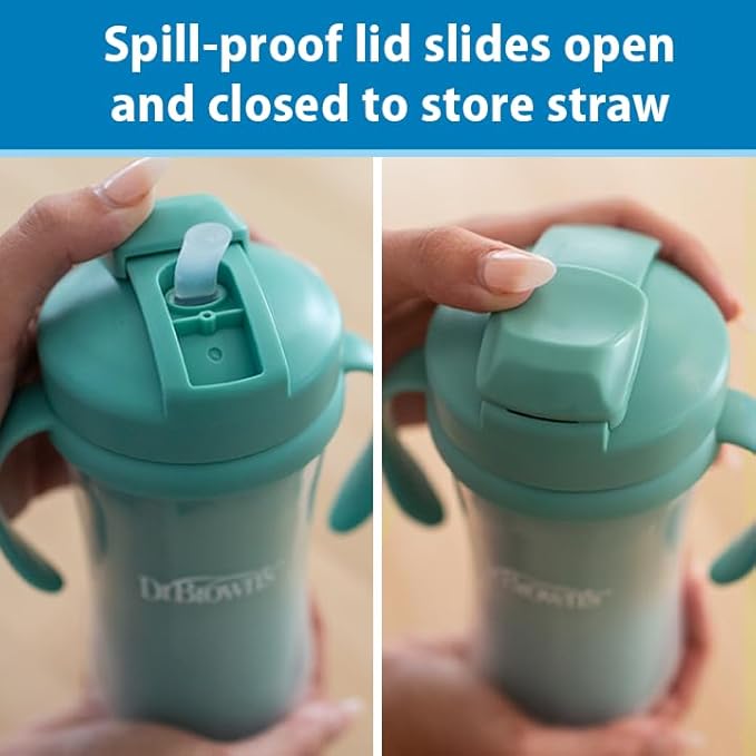 Dr. Brown's Milestones Insulated Sippy Cup with Straw and Handles, Spill-Proof Tumbler with Lid, 2-Pack, Green, 10 oz/300 mL, BPA Free, 12m+