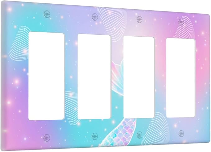 Mermaid 4 Gang Light Switch Cover Rainbow Tail Scales Jelly Fish Quad Rocker Outlet Covers Switchplates Wall Plate Decorative Electrical Faceplate for Nursery Girls Boys Room Kids Room