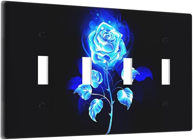 Blue Golden Rose Flower 4 Gang Device Light Switch Cover Decorative Quad Toggle Wall Plate Decorative Electrical Faceplate for Home Bedroom Art Decorate