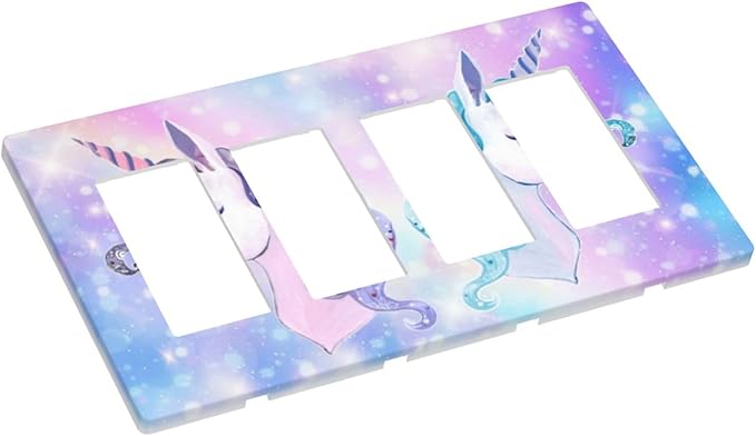 Girl Purple Pink Rainbow Blue Unicorn 4 Gang Quad Rocker Light Switch Cover Decorative Quadruple Device GFCI/Decorator Wall Plate Electric Faceplate Screwless