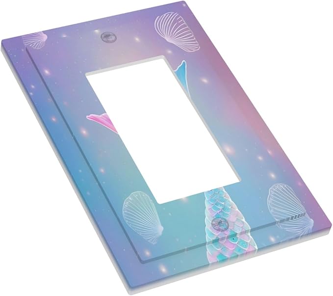 Cute Mermaid Pink Tail Scales Shells Colorful Ocean Decorative Outlet Covers 1 Gang Single Rocker Light Switch Cover Plate Wall Plates GFCI Faceplate for Kids Room Nursery Decor