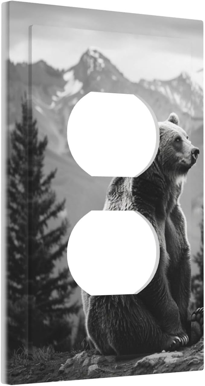 Decorative Outlet Covers Black White Bear Mountain Pine Trees Wilderness 1 Gang Duplex Light Switch Cover Plate Electrical Switch plates Wall Plates Receptacle Cover for Bathroom Bedroom Decor
