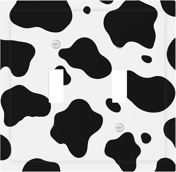 Cow Print Double Toggle Switch Cover - 2-Gang Standard US Size Farmhouse Cowhide Light Switch Covers, Black & White Rustic Animal Print for Country Homes