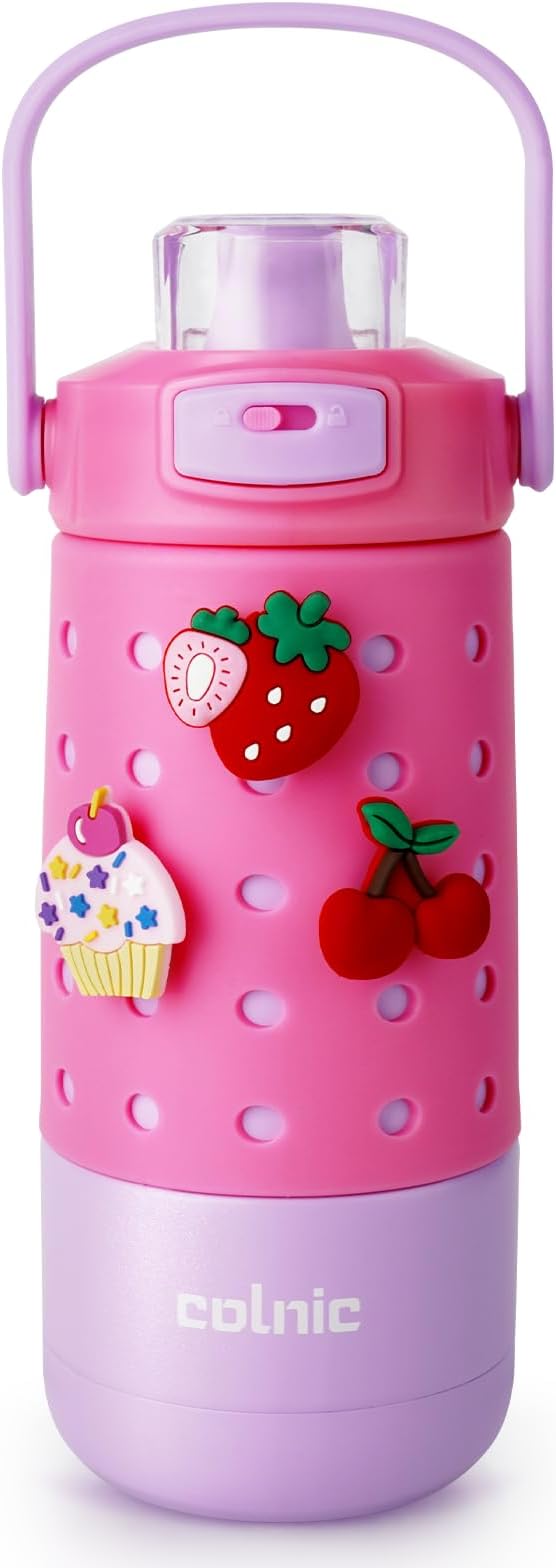 Kids Water Bottle for School 12 oz,Kids Vacuum Insulated Stainless Steel Water Bottles,Toddler Boy Water Bottle for School with Leak Proof Locking Lid(Jelly Pink)