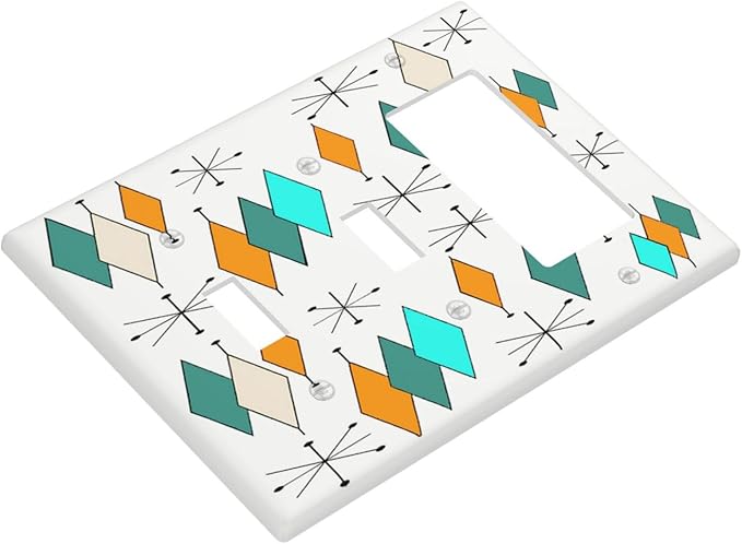 Retro Boho Geometric Mid Century 3-Gang 2-Toggle 1-GFCI/Decorator Combination Light Switch 60S Abstract Atomic Diamond Stars Art Combo Device Two Switches/Rocker Switches Outlet Covers and Wall Plate