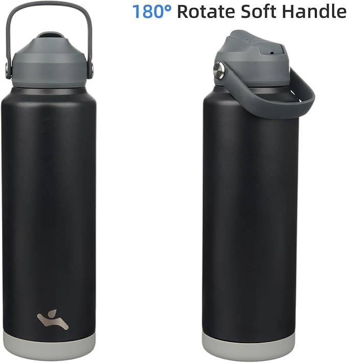 Konokyo Insulated Water Bottle with Straw Lid,40 oz Stainless Steel Vacuum Metal Bottle with Silicone Handle,Black