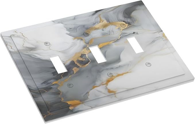 Gold Marble Grey Art Abstract Luxury Print Decorative Switch Plates 3 Gang Wall Plate Triple Toggle Light Switch Cover Faceplate Electrical Wall Panels for Kitchen Bathroom Decor
