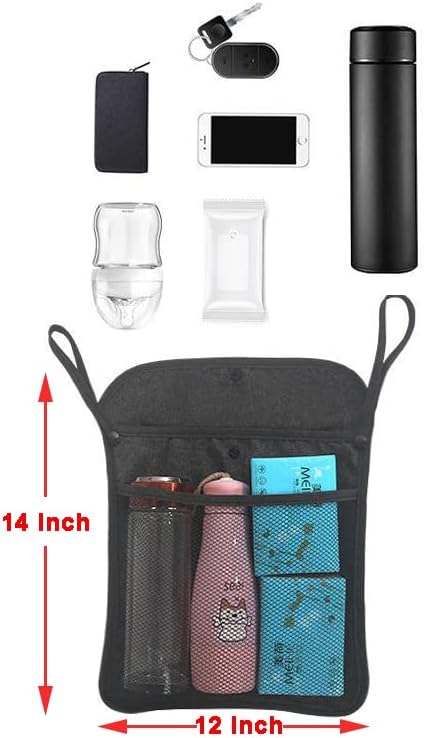 Baby Stroller Organizer With Two compartments Front Mesh Pocket for Bottle Nappy Diaper Storage, Detachable Straps,with 2 Seperated Hooks (BlackC)