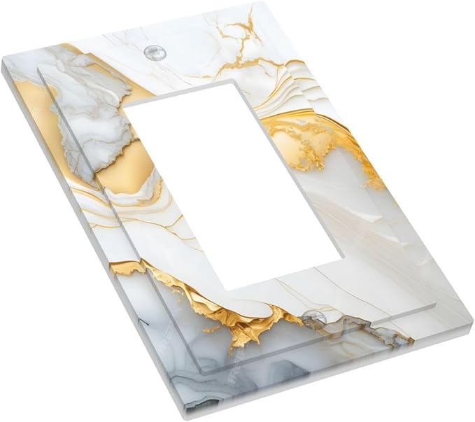 Exquisite White Gold Marble Abstract Luxurious Print Decorative Outlet Covers 1 Gang Single Rocker Light Switch Cover Plate Wall Plates GFCI Faceplate for Bathroom Kitchen Decor