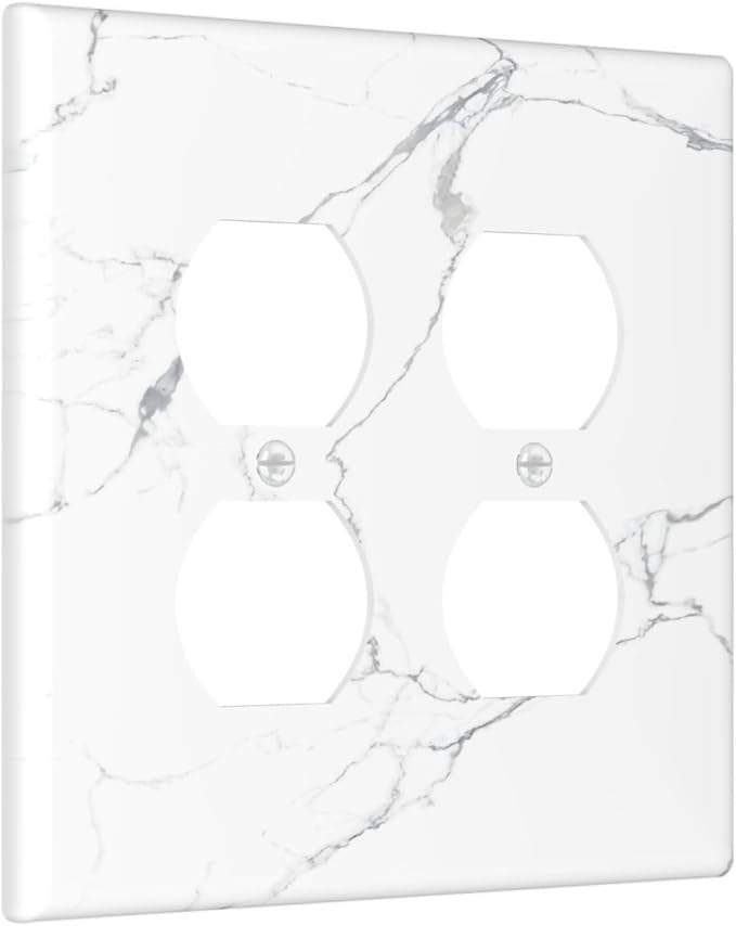 Luxurious White Marble Abstract Print Outlet Covers 2 Gang Double Duplex Decorative Light Switch Covers Electrical Wallplates Socket Faceplate for Bathroom Kitchen Bedroom Decor