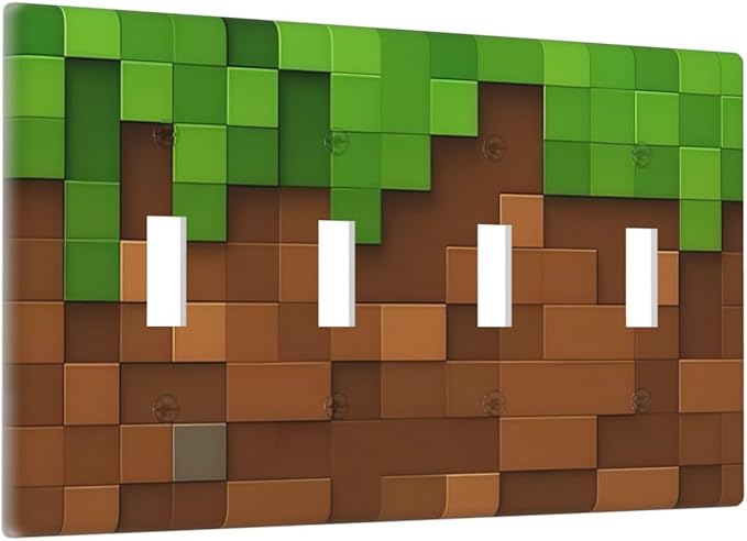 Pixel Style Gamer Themed Grass Block Light Switch Covers Quad Toggle Electrical Faceplate 4 Gang Wall Plate Decorative Switch Plates Cover for Kids Room Office Home Decor