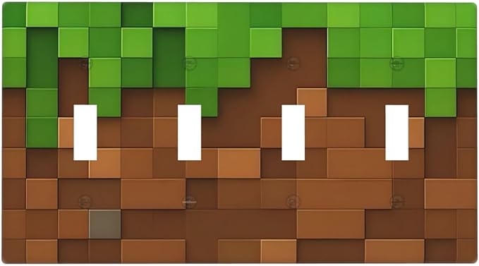 Pixel Style Gamer Themed Grass Block Light Switch Covers Quad Toggle Electrical Faceplate 4 Gang Wall Plate Decorative Switch Plates Cover for Kids Room Office Home Decor