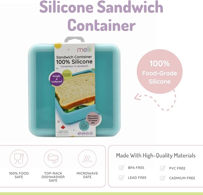 melii Reusable Silicone Sandwich Container | Leak-Resistant Food Storage with Easy-Open Lid, BPA-Free, Dishwasher & Microwave Safe, Lunch Box for Kids & Adults (Blue)