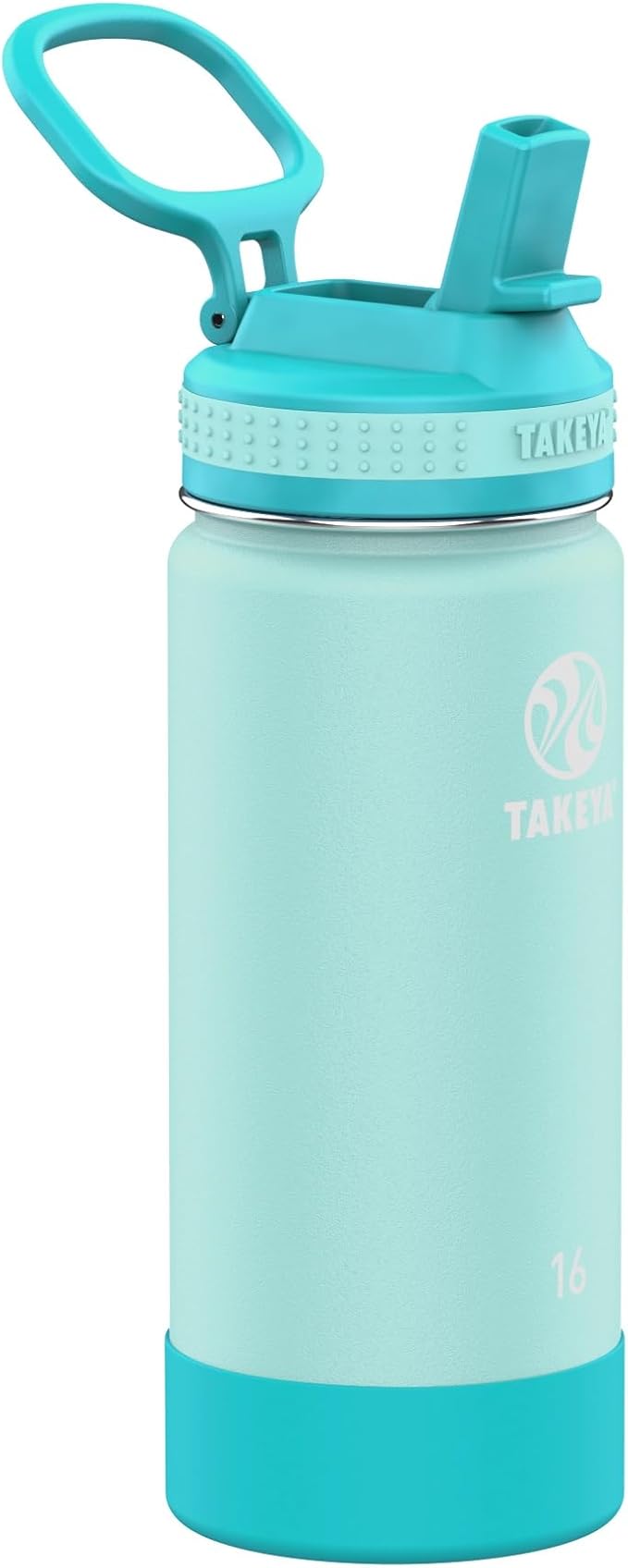 Takeya Actives Kids Water Bottle 16 oz Stainless Steel Double Wall Insulation BPA-Free Leakproof Straw Lid Easy Carry Handle Reusable Ideal for Boys and Girls, School, Sports - Surfer / Lagoon
