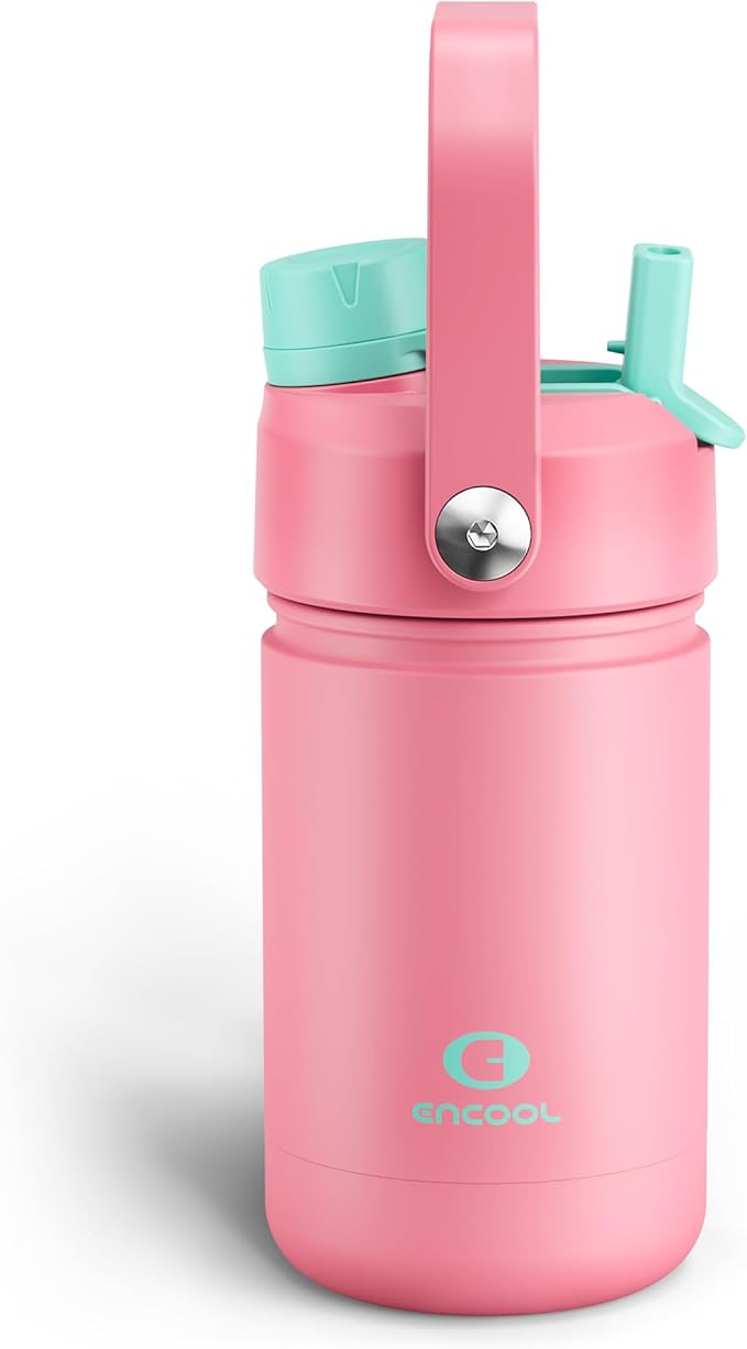 ENCOOL Kids Insulated Water Bottle with Straw - 12oz Stainless Steel Water Bottle with Dual Spouts, Leak-Proof, BPA-Free, Double Wall Vacuum Keeps Cold for 24 Hours for Sports, Travel, School (Tulip)