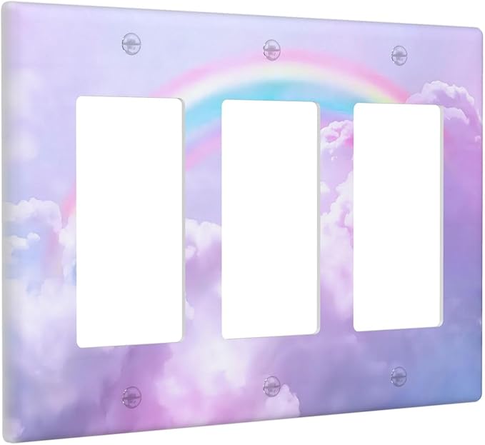 Rainbow in the Clouds Triple Rocker Wall Plates Pink Art Panel Light Switch Plate Covers Decorative Purple Cloud GFCI Lightswitch Faceplate Cute Dimmerfor Bedroom Kidroom Nursery Decor