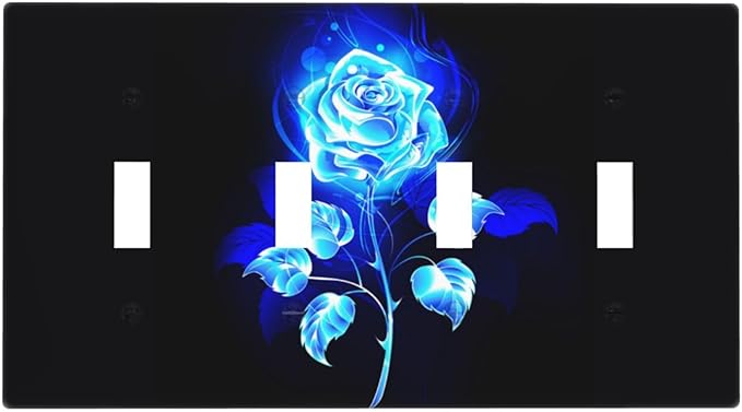 Blue Golden Rose Flower 4 Gang Device Light Switch Cover Decorative Quad Toggle Wall Plate Decorative Electrical Faceplate for Home Bedroom Art Decorate