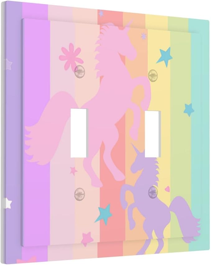 Cute Purple Pink Rainbow Unicorn 2 Gang Light Switch Cover Double Toggle Wall Plate Decorative Electrical Switchplate Covers Faceplate for Nursery Girls Boys Room Kids Room Decor