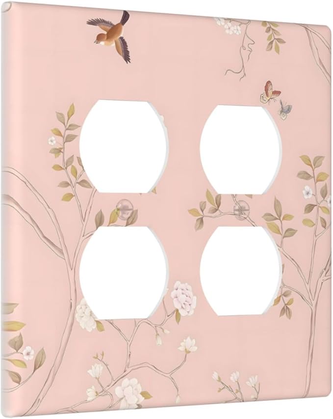 Pink Background Flowers Bird Butterflies Floral Outlet Covers 2 Gang Double Duplex Decorative Light Switch Covers Electrical Wallplates Socket Faceplate for Bedroom Living Room Decor