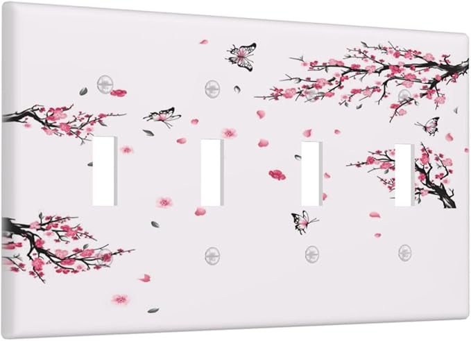 Pink Watercolor Cherry Blossom Flowe Tree Branch Floral Light Switch Covers Quad Toggle Electrical Faceplate 4 Gang Wall Plate Decorative Switch Plates Cover for Bedroom Living Room Decor