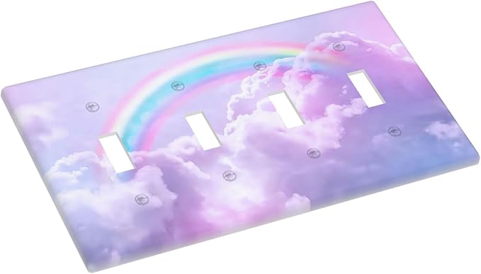 Rainbow in the Clouds Quad Toggle Wall Plates Decorative Pink Art Panel 4 Gang Light Switch Cover Purple Cloud Electrical Switchplate Faceplate Cute Dimmer for Bedroom Kidroom Nursery Decor