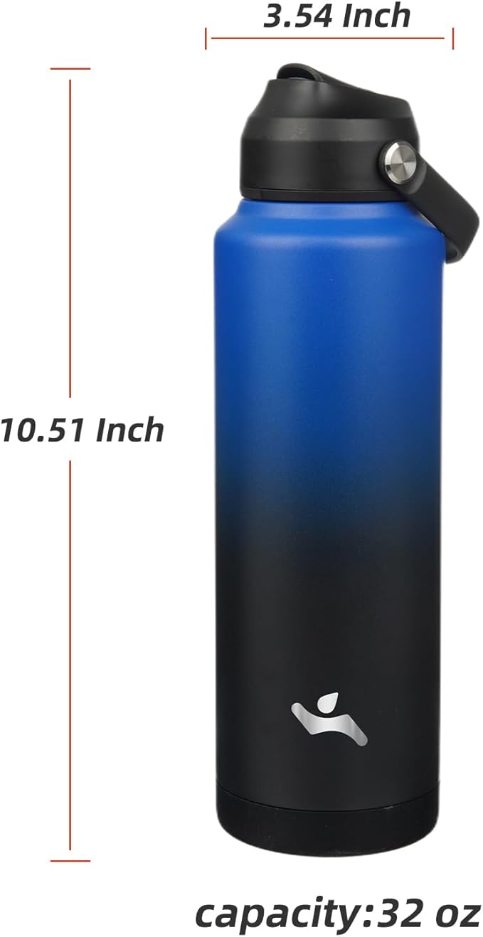 Konokyo Insulated Water Bottle with Straw Lid,40 oz Stainless Steel Vacuum Metal Bottle with Silicone Handle,Black Blue