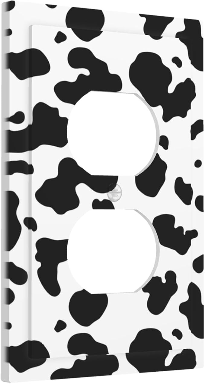 Cow Print Duplex Wall Plate - 1-Gang Standard US Size Farmhouse Cowhide Outlet Covers, Black & White Rustic Animal Print for Country Homes