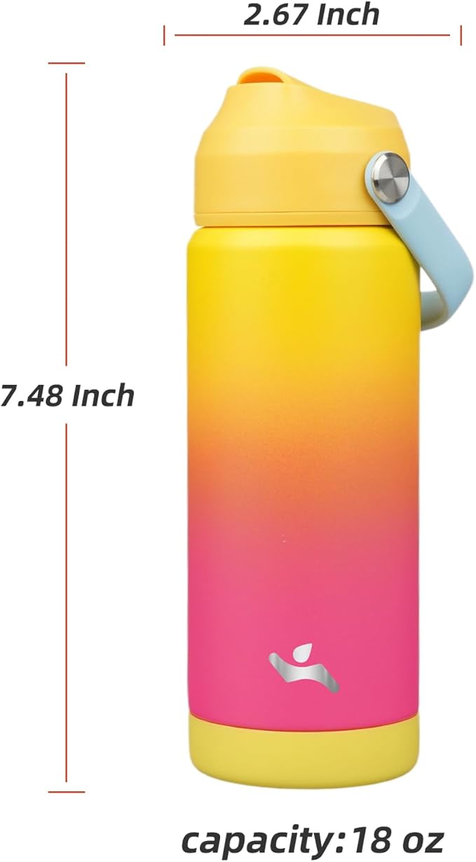 Konokyo Insulated Water Bottle with Straw Lid,18 oz Stainless Steel Vacuum Metal Bottle with Silicone Handle,Rainbow