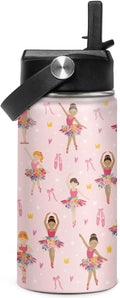 Kids Water Bottle Ballet Water Bottles 12oz with Straw Insulated Stainless Steel Travel School Tumbler Double Wall Vacuum Cup for Girls Kid