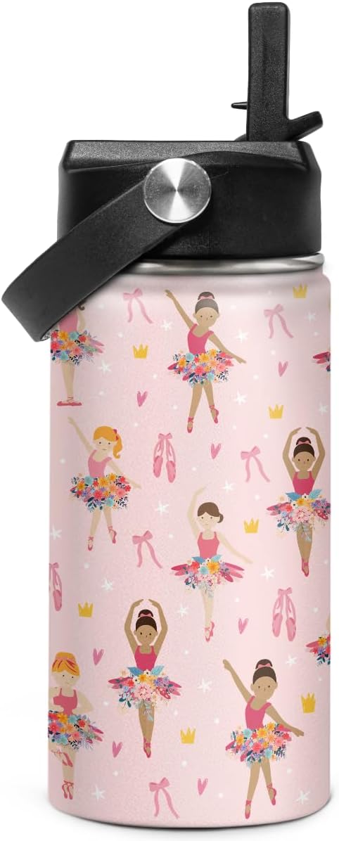 Kids Water Bottle Ballet Water Bottles 12oz with Straw Insulated Stainless Steel Travel School Tumbler Double Wall Vacuum Cup for Girls Kid