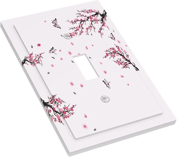 Pink Watercolor Cherry Blossom Flowe Tree Branch Floral Decorative Light Switch Cover 1 Gang Single Toggle Device Electrical Faceplate Switchplates Decorator Outlet Wall Plate for Bedroom Living Room