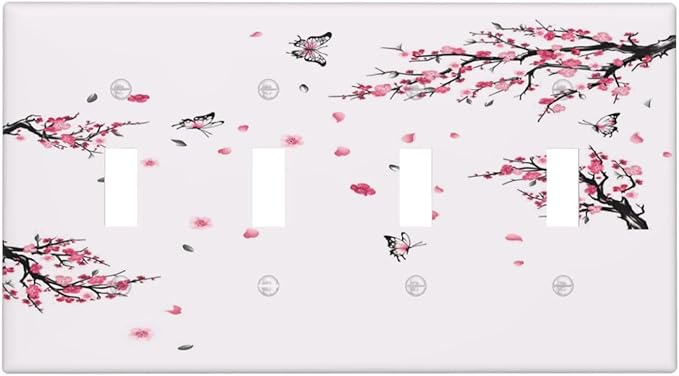 Pink Watercolor Cherry Blossom Flowe Tree Branch Floral Light Switch Covers Quad Toggle Electrical Faceplate 4 Gang Wall Plate Decorative Switch Plates Cover for Bedroom Living Room Decor