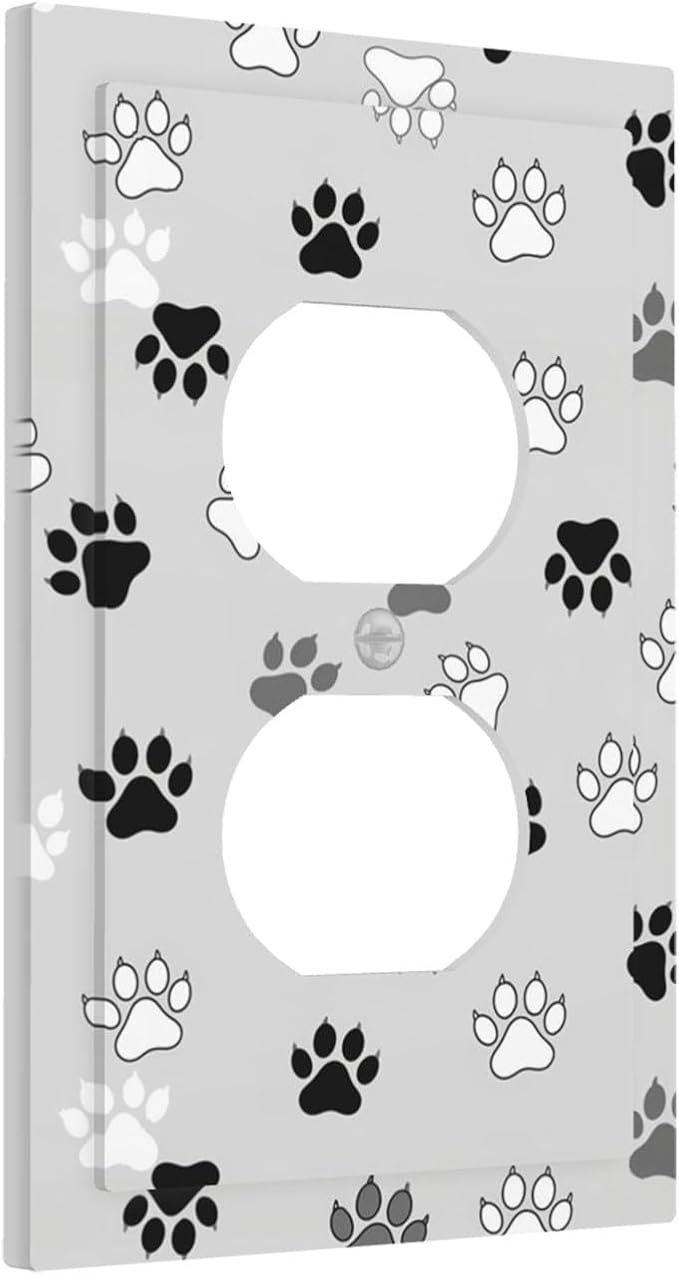 Monochrome Paw Print Duplex Wall Plate - 1-Gang Standard US Size Minimalist Dog Lover's Pet Paws Outlet Covers, Neutral Tone for Pet Owners Decor