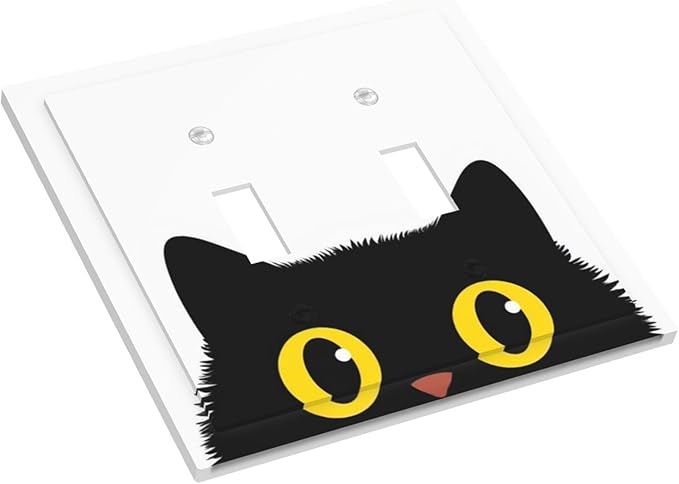 Peeking Cute Black Cat Double Toggle Switch Cover - 2-Gang Standard US Size Curious Cat Eyes Light Switch Covers for Cat Lover Decor