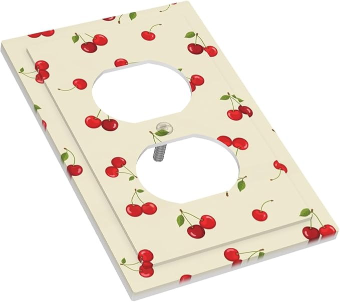 Sweet Cherry Blossom Duplex Wall Plate - 1-Gang Standard US Size Playful Cherry Duo Outlet Covers, Retro Cherry Print for Girls Room Decor