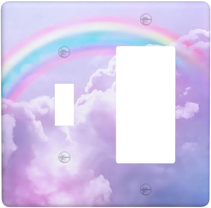 Rainbow in the Clouds 2 Gang Toggle Rocker Light Switch Cover Decorative Pink Combin Wall Plates Purple Cloud Art Panel Cute Dimmer for Bedroom Kidroom Nursery Decor