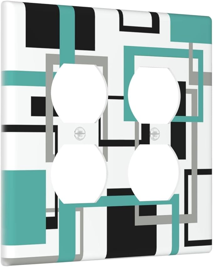 Geometric Turquoise Black Gray Modern Abstract Boho Outlet Covers 2 Gang Double Duplex Decorative Light Switch Covers Electrical Wallplates Socket Faceplate for Office Nursery Decor