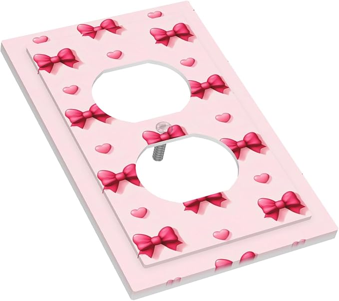 Pink Bow & Heart Duplex Wall Plate - 1-Gang Standard US Size Preppy Coquette Outlet Covers, Sweetheart Girly Pattern for Girls Room