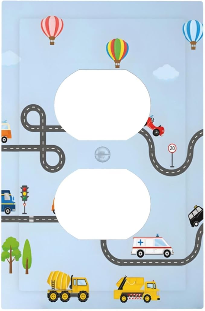 Road Construction Car Truck Hot Air Balloon Outlet Covers 1 Gang Duplex Light Switch Cover Decorative Switch Plates Electrical Receptacle Faceplate Wall Plate for Nursery Kids Room Decor