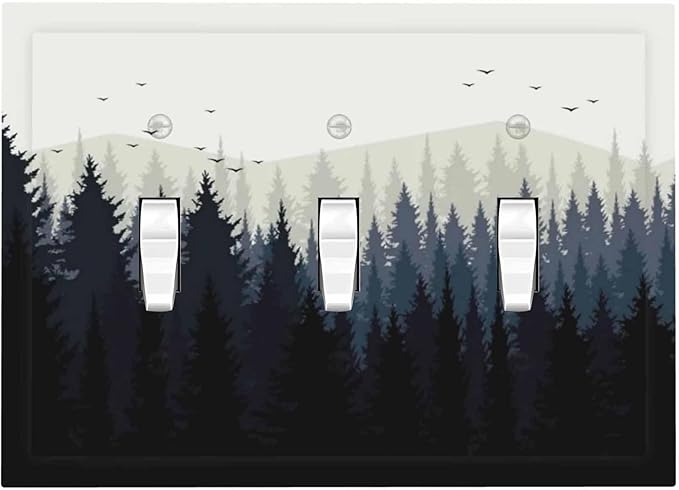 Decorative Switch Plates Forest Pine Tree Mountains Black Bird 3 Gang Wall Plate Triple Toggle Light Switch Cover Faceplate Electrical Wall Panels For Bed Room Farmhouse Decor