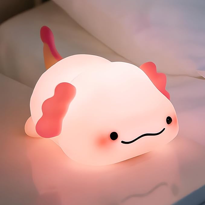 Axolotl Night Light for Kids, Squishy Silicone 3-Level Dimmable Touch Control Cute Nightlight with Timer, Portable USB Rechargeable Nursery Pink Night Lamp Gifts for Baby, Toddler Room Decor