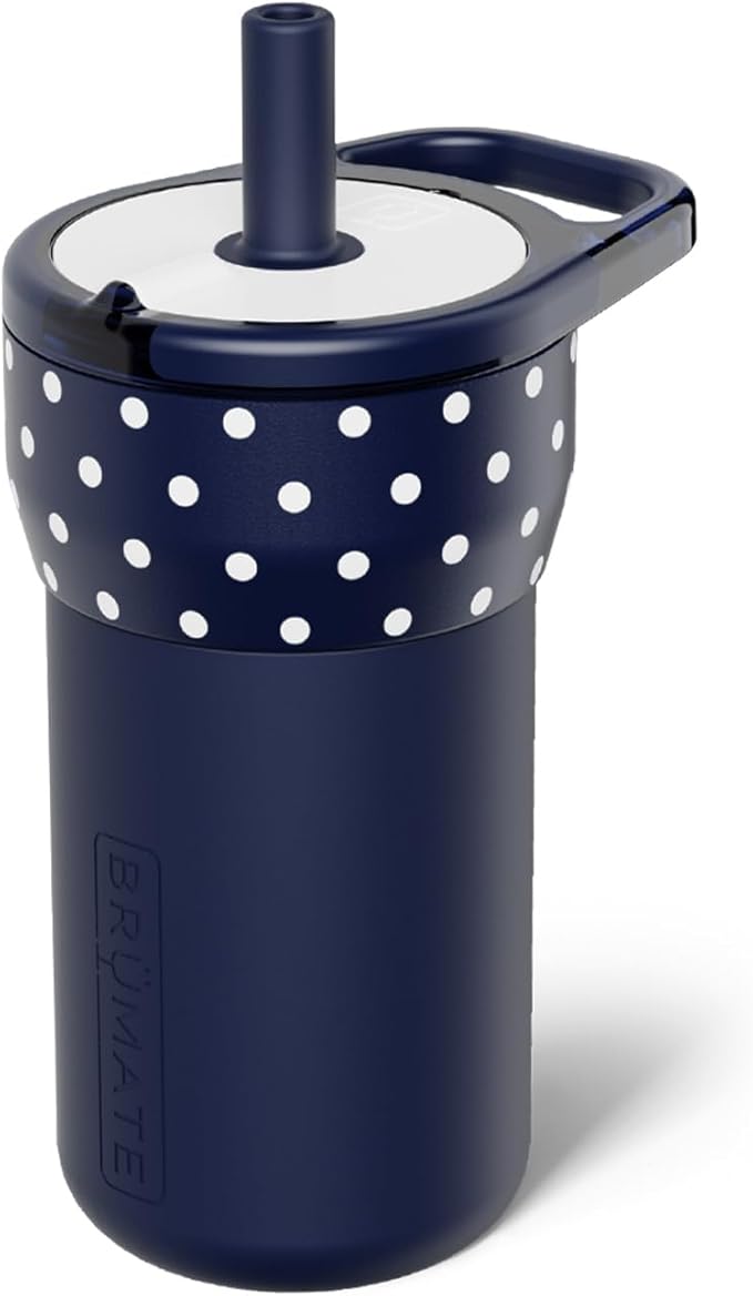 BrüMate Leap 12oz 100% Leakproof Kids Tumbler with Handle and Silicone Soft Straw | Durable Drop Resistant Silicone Sleeve | Made of Insulated Stainless Steel | Cup Holder Friendly | (Navy Polka Dots)